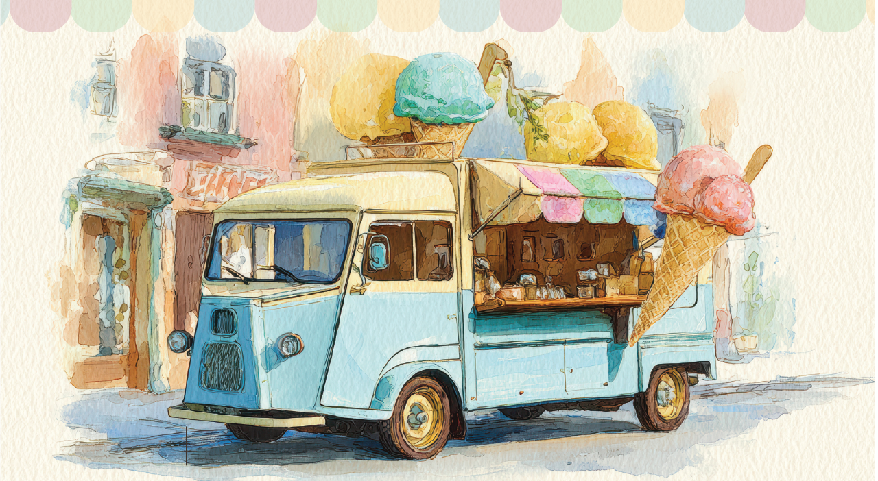 image of an old-fashioned ice cream truck with giant cones