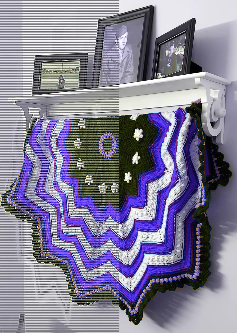 Photo of shelf with pictures and a crocheted US flag hanging