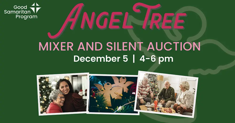 graphic with green background and red text saying Angel Tree