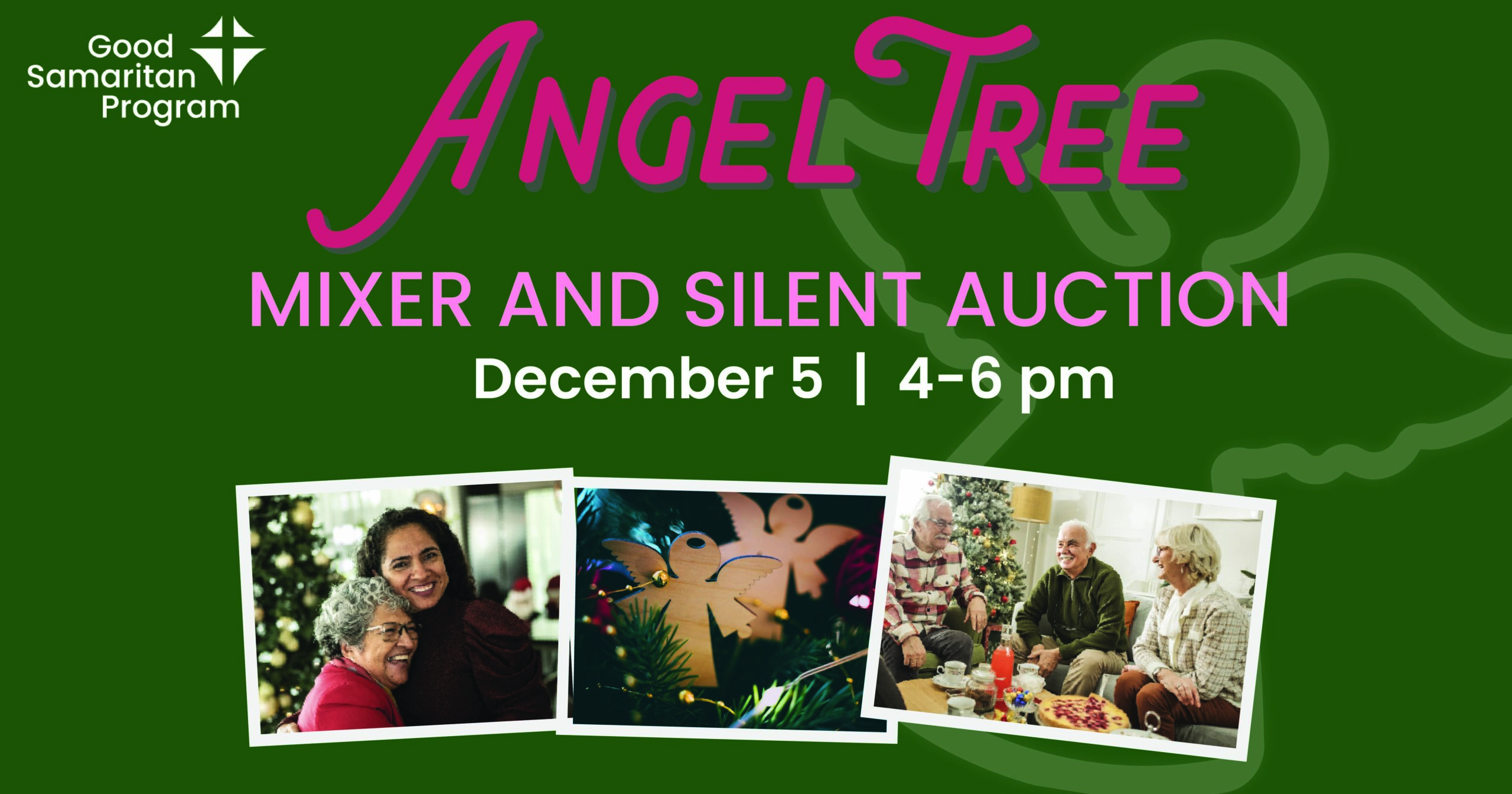 graphic with green background and red text saying Angel Tree