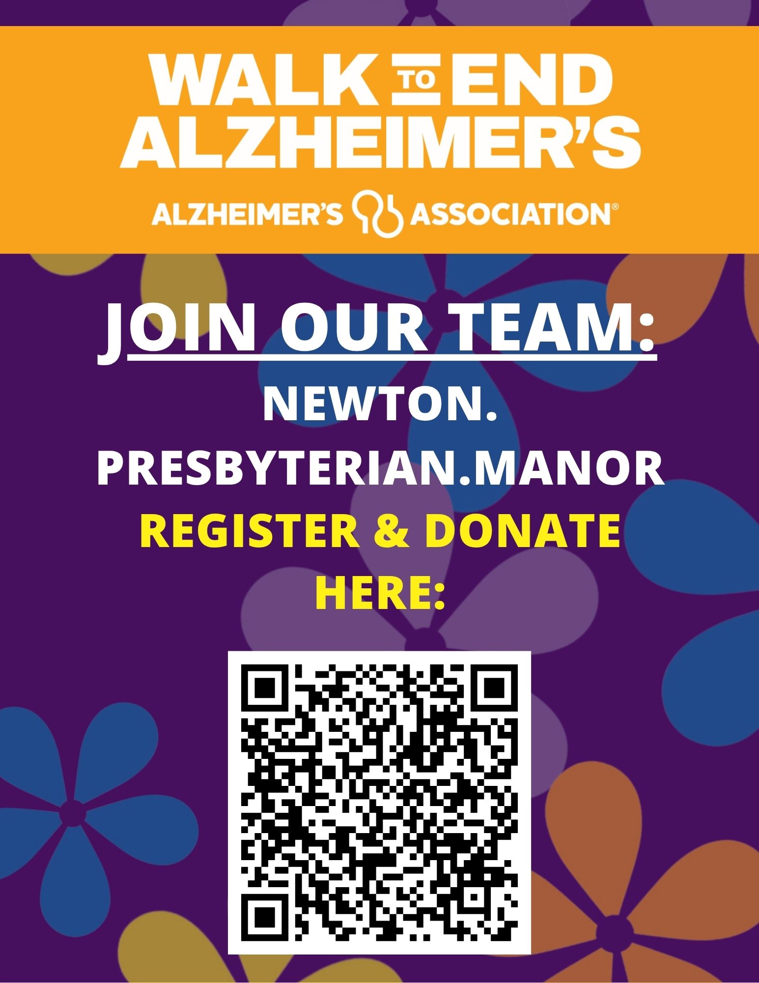 Graphic about Alzheimers walk with QR code for Newton