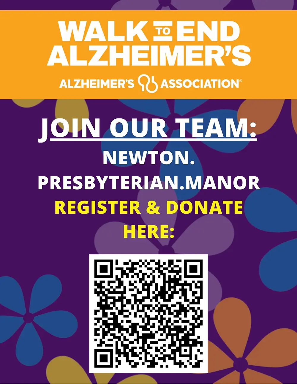 Graphic about Alzheimers walk with QR code for Newton