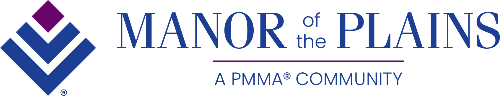 Manor of the Plains logo with a blue stylized design, purple diamond, and the text "Manor of the Plains, A PMMA® Community.