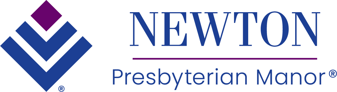Logo of Newton Presbyterian Manor with a geometric emblem consisting of diamond shapes and the text "NEWTON Presbyterian Manor®" in blue and purple.