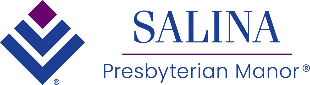 Logo of Salina Presbyterian Manor featuring a blue and purple geometric design next to the text "Salina Presbyterian Manor", beautifully positioned as an elegant salina header.