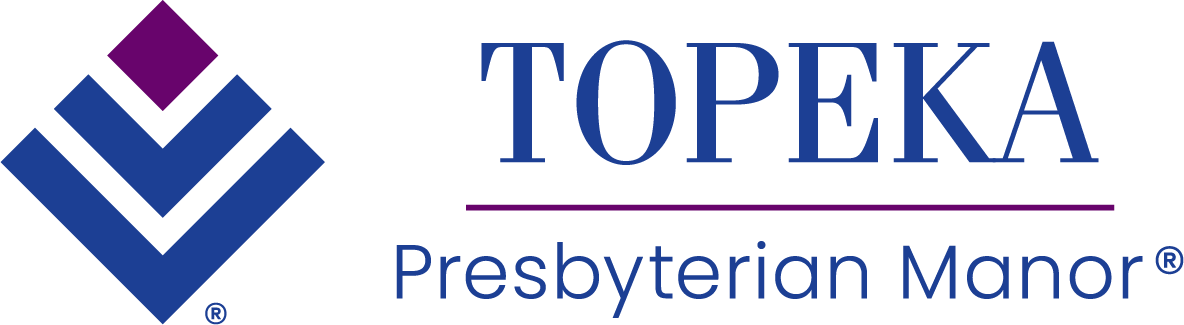 Logo for Topeka Presbyterian Manor with blue text and blue and purple geometric shapes.
