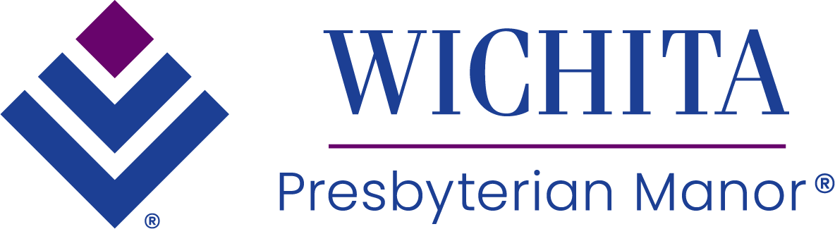 Logo of Wichita Presbyterian Manor featuring a geometric design with purple and blue shapes on the left and the text "Wichita Presbyterian Manor" on the right. Perfect for your website's footer.