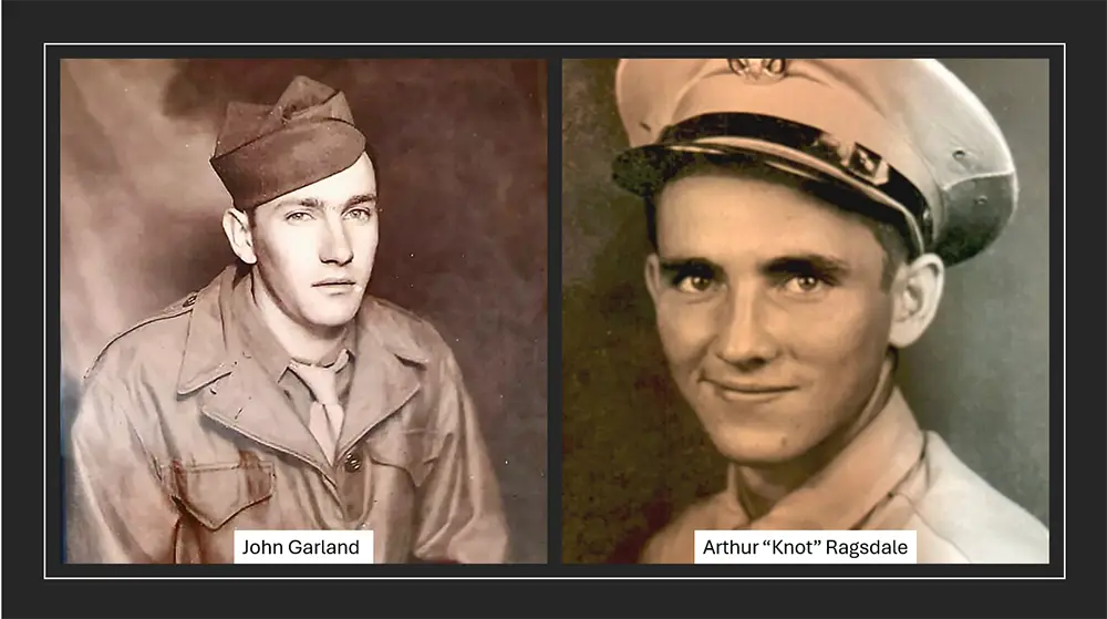 Pictures of two soldiers from World War II in their uniforms looking at the camera