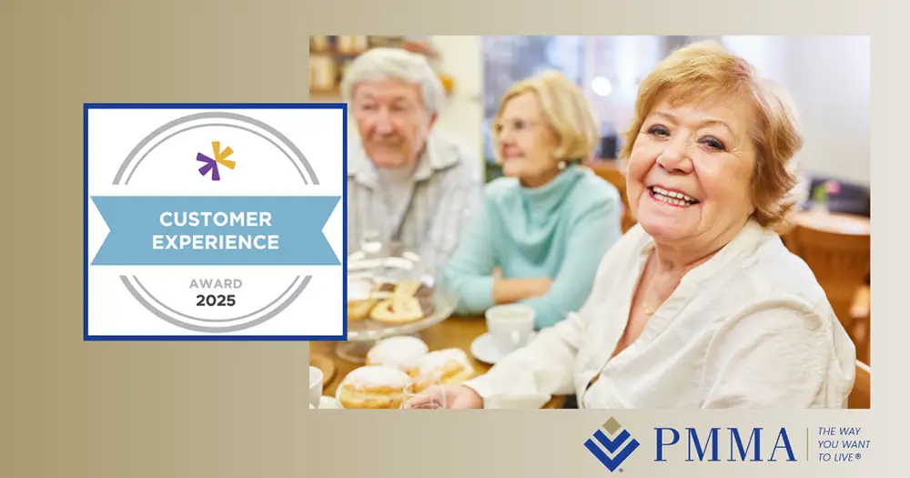 graphic shows happy elderly woman smiling at camera with PMMA logo and 2025 Customer Experience logo