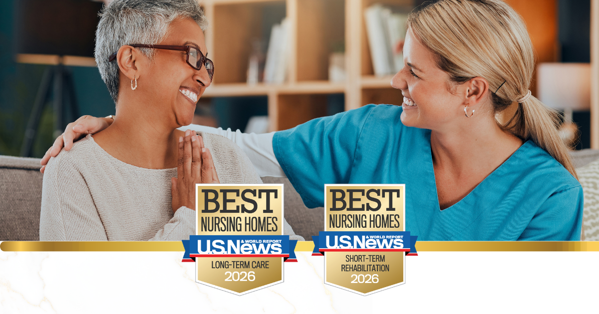 US NEWS 2026 Photo of happy woman with happy nurse. US News and World Report badges for Best Nursing Homes prominently featured