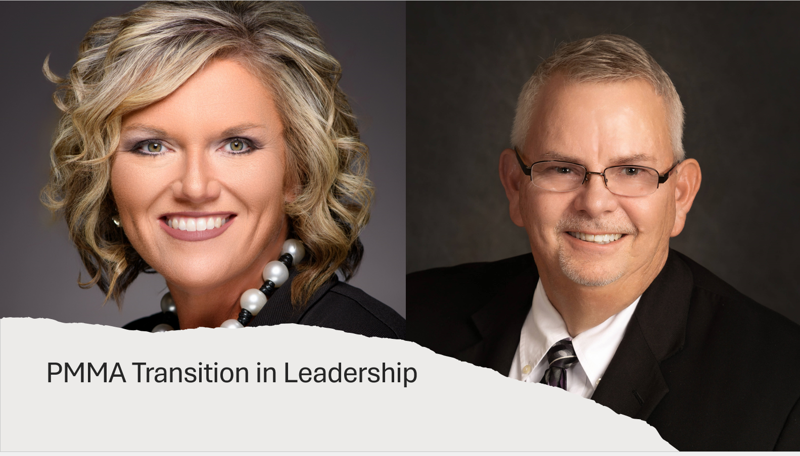 Graphic shows photo of Courtney Plantz and Bruce Shogren and says PMMA Transition in Leadership