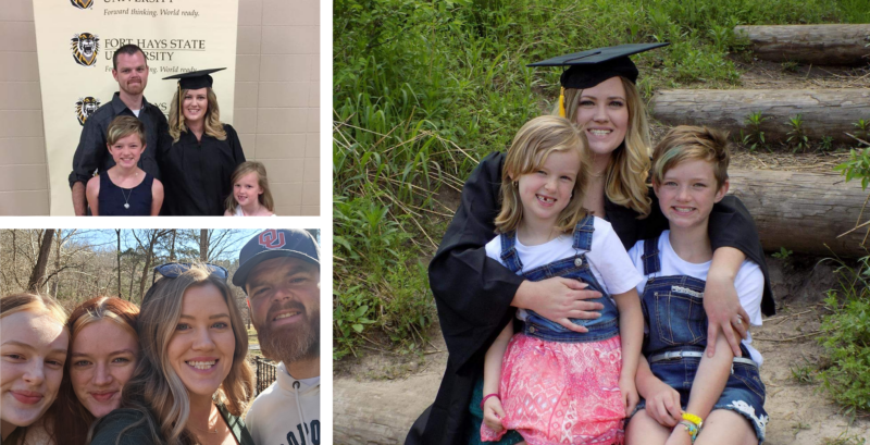 A collage of three images: a graduation photo with family, a group selfie, and a woman with two children outdoors.